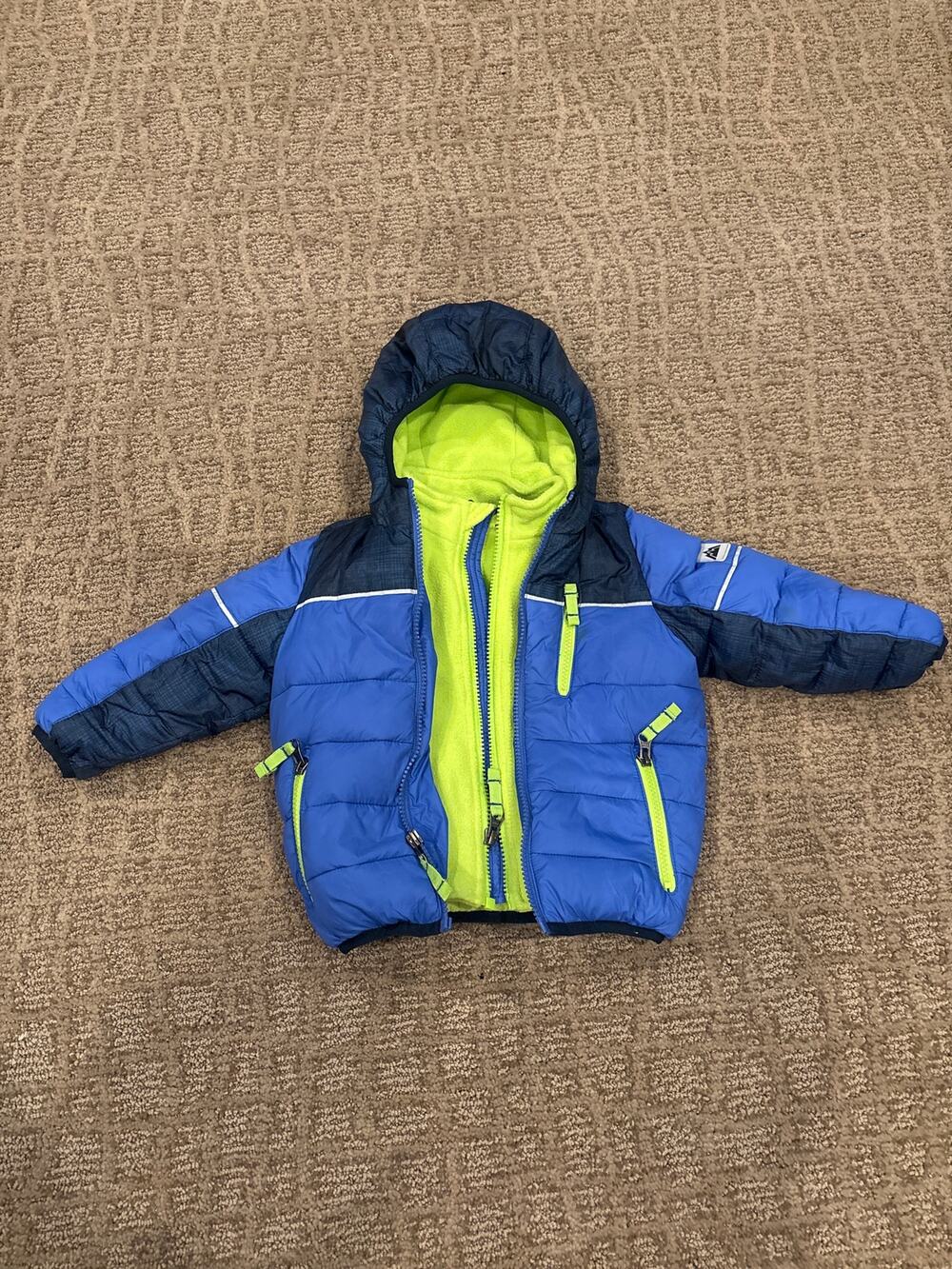 Snozu 18M Boys Blue Hooded Puffer Winter Jacket Coat Neon Green